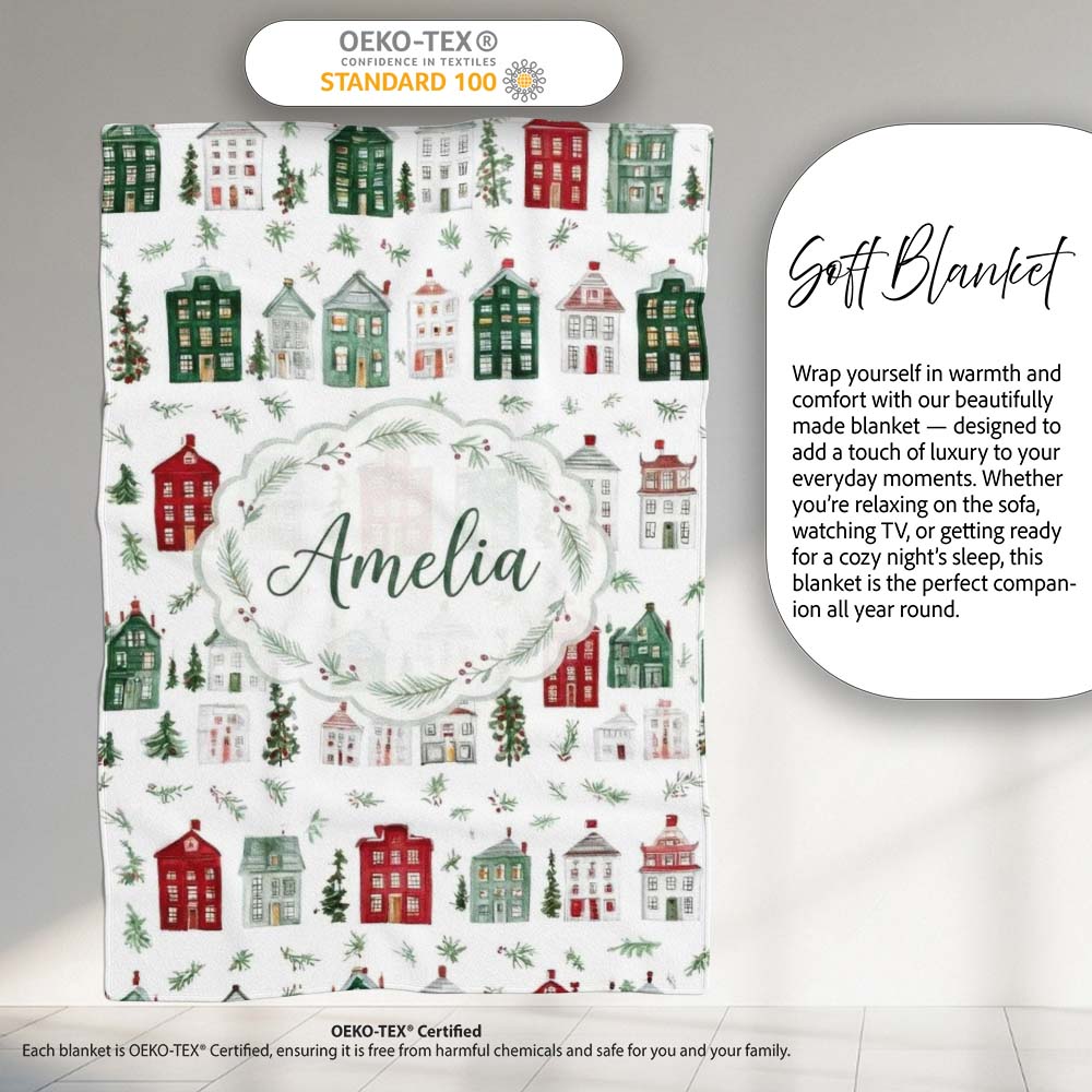 Charming Winter Village Houses and Trees Christmas Seamless Pattern Personalised Custom Name Super Soft Fleece Blanket Bed Sofa Throw