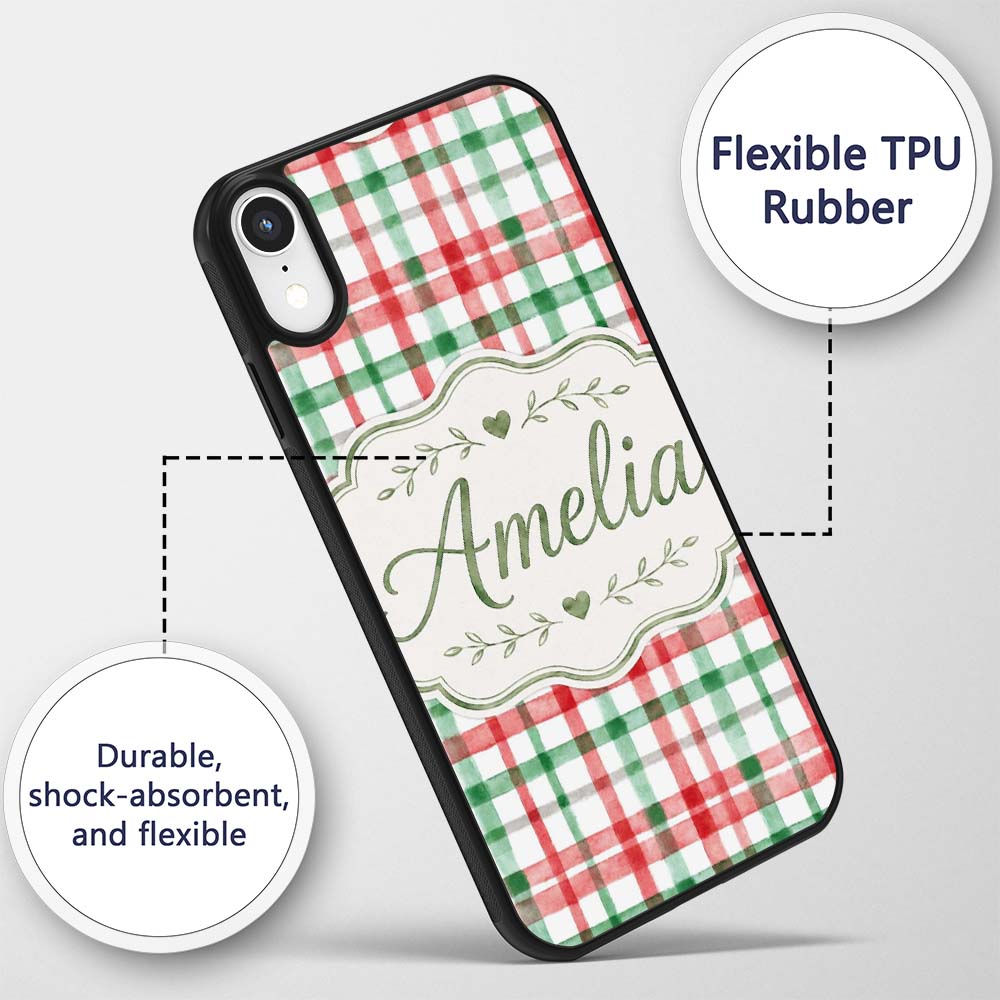 Classic Red Green Plaid Tartan Watercolor Pattern Custom Name Protective Phone Case Mobile Cover Durable Everyday Smartphone Shock Resistant