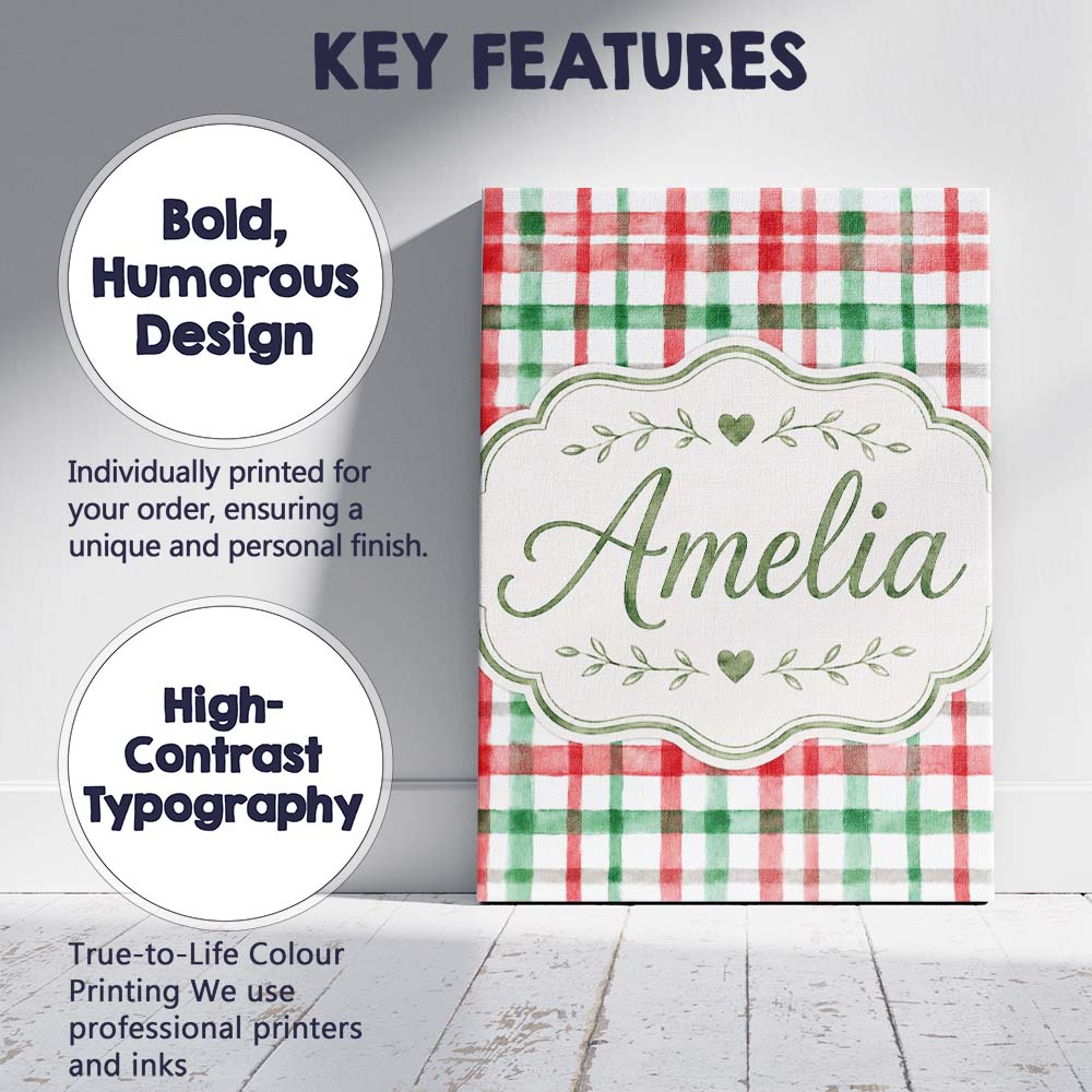 Personalised Name Classic Red Green Plaid Custom Unique Gift Idea Elegant Feature Canvas Wall Art Print Decor Picture Ready to Hang