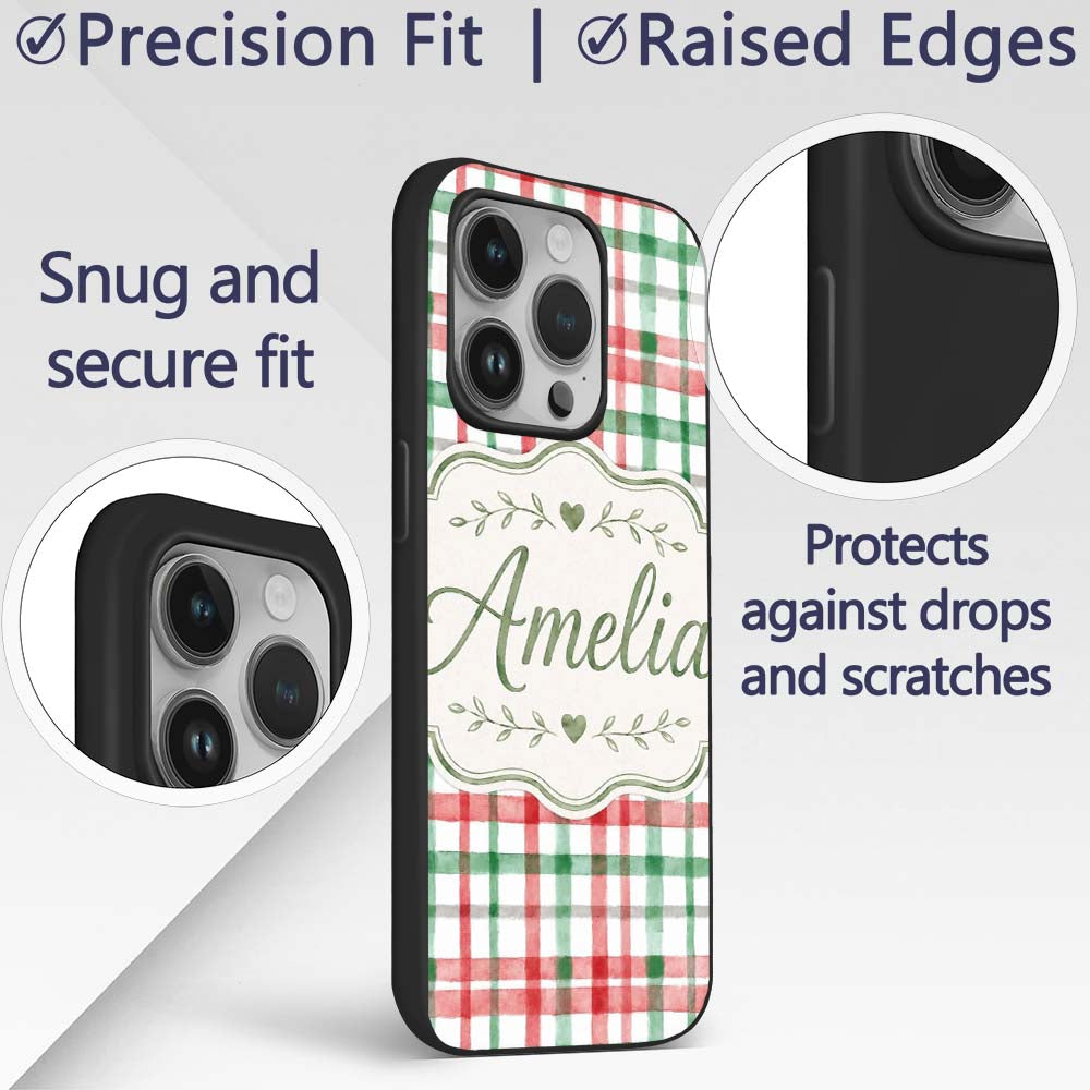 Classic Red Green Plaid Tartan Watercolor Pattern Custom Name Protective Phone Case Mobile Cover Durable Everyday Smartphone Shock Resistant