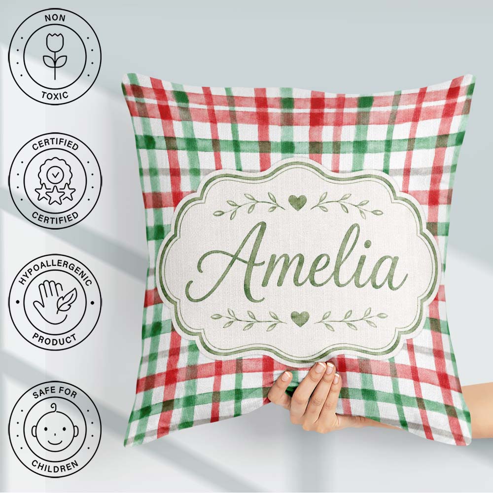 Custom Name Classic Green Plaid Tartan Watercolor Pattern Design Square Filled Cushion Throw Pillow Sofa Bed Home Decor Zip Washable UK Made