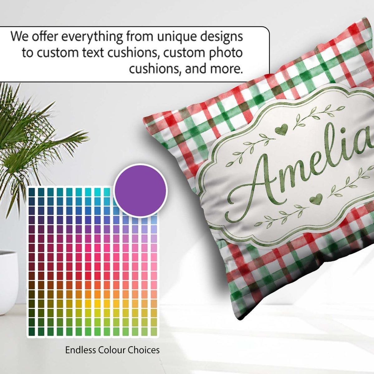 Custom Name Classic Green Plaid Tartan Watercolor Pattern Design Square Filled Cushion Throw Pillow Sofa Bed Home Decor Zip Washable UK Made