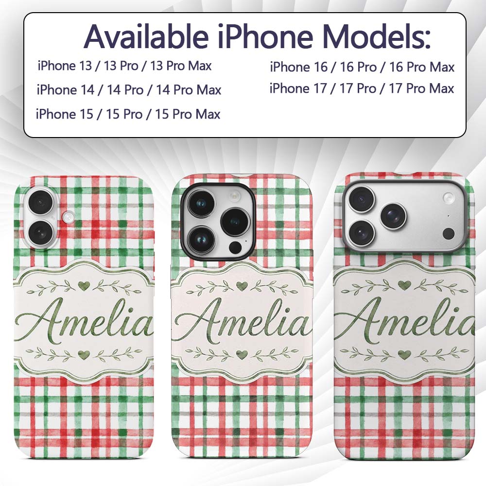 Classic Red Green Plaid Tartan Watercolor Pattern Custom Name Protective Phone Case Mobile Cover Durable Everyday Smartphone Shock Resistant