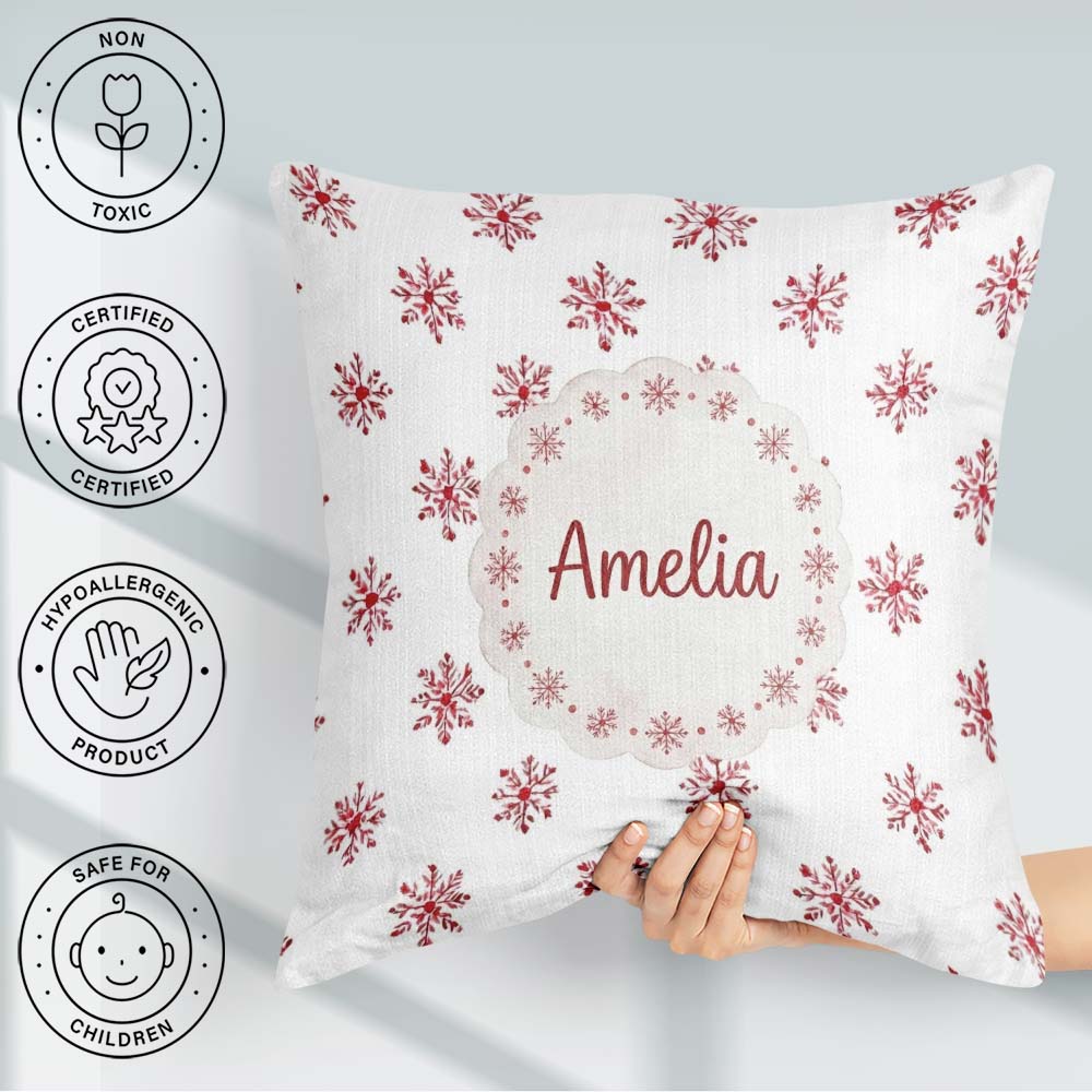 Custom Name Minimal Red Snowflake Watercolor Seamless Pattern on Square Filled Cushion Throw Pillow Sofa Bed Home Decor Zip Washable UK Made