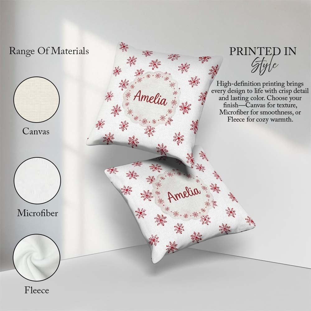 Custom Name Minimal Red Snowflake Watercolor Seamless Pattern on Square Filled Cushion Throw Pillow Sofa Bed Home Decor Zip Washable UK Made