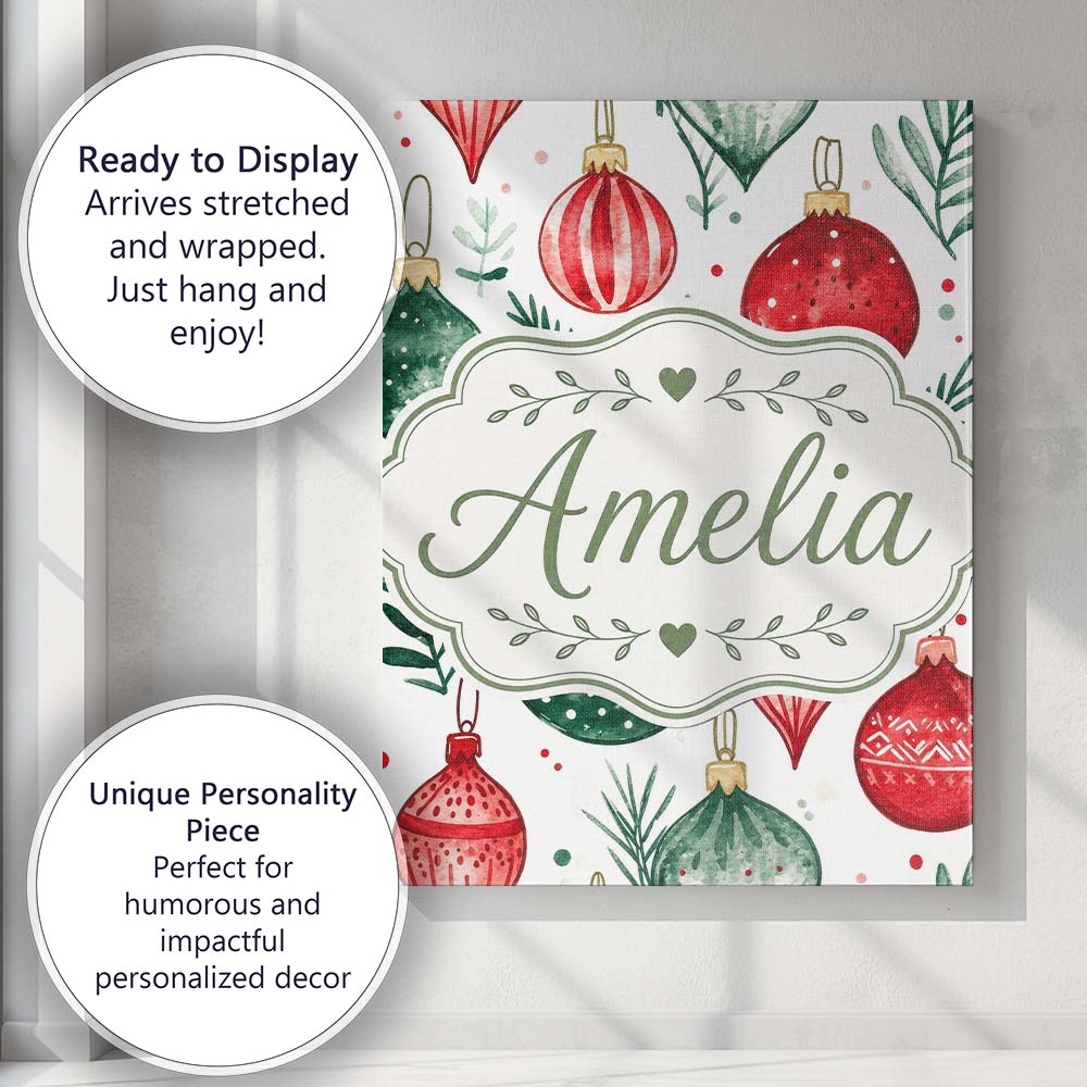 Personalised Name Festive Christmas Baubles Custom Bespoke Interior Contemporary Canvas Wall Art Print Decor Picture Ready to Hang