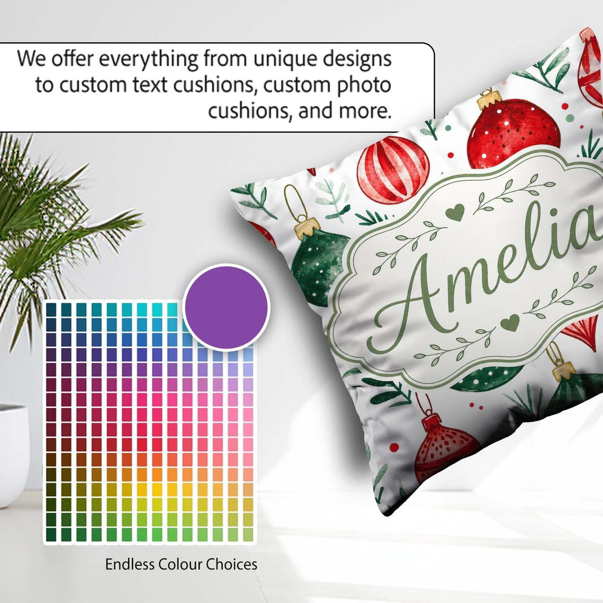 Custom Name Festive Christmas Baubles Foliage Watercolor Pattern Square Filled Cushion Throw Pillow Sofa Bed Home Decor Zip Washable UK Made