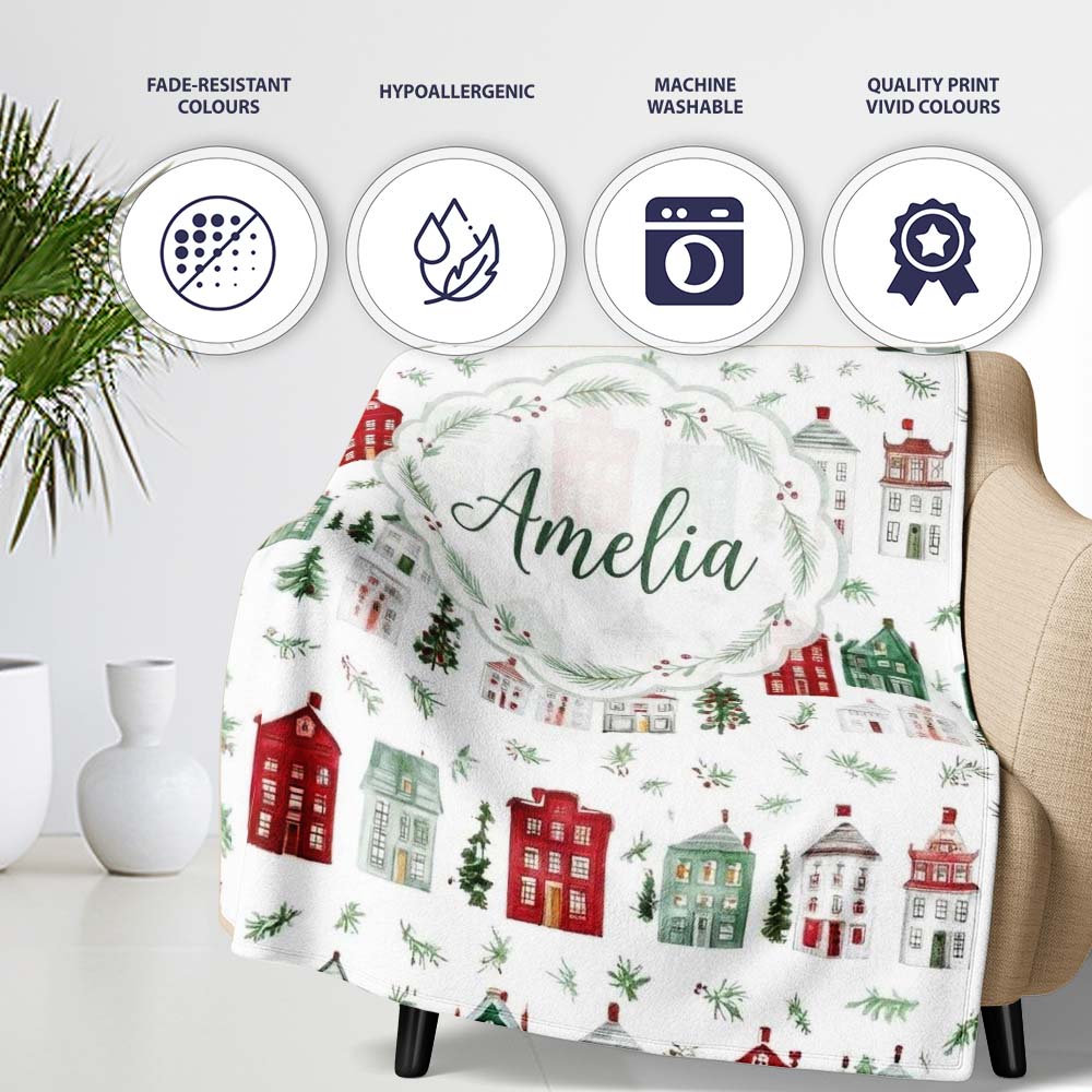 Watercolor Christmas Holly Berry Wreath Pattern Festive Winter Personalised Custom Name Super Soft Fleece Blanket Bed Sofa Throw