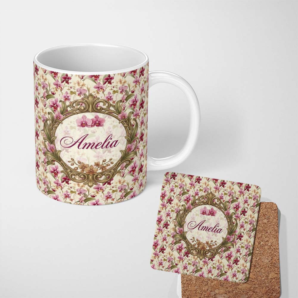 Personalized Custom Name Pink Orchid Garden Floral Pattern on Light Cream Background Lovely 11oz Ceramic Coffee Tea Mug White Large Handle