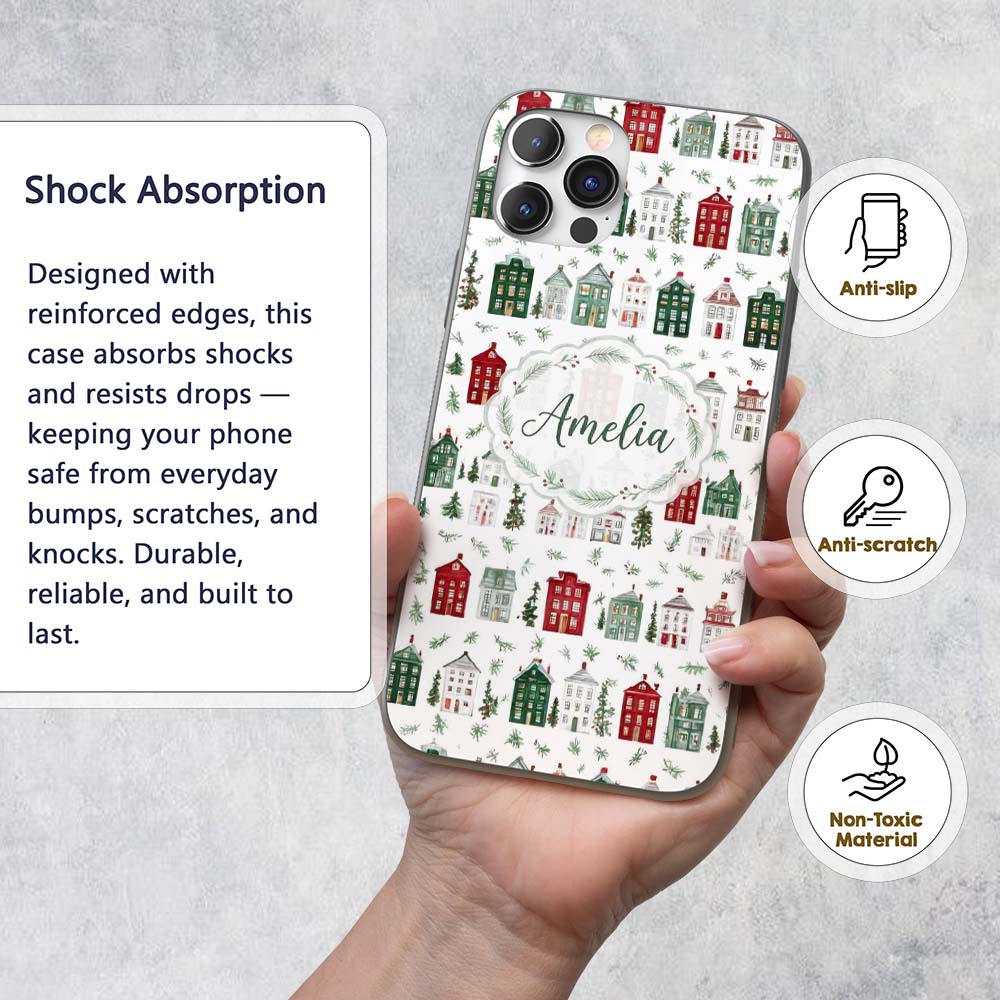 Watercolor Christmas Holly Berry Wreath Pattern Custom Name Protective Phone Case Mobile Cover Durable Everyday Smartphone Shock Resistant