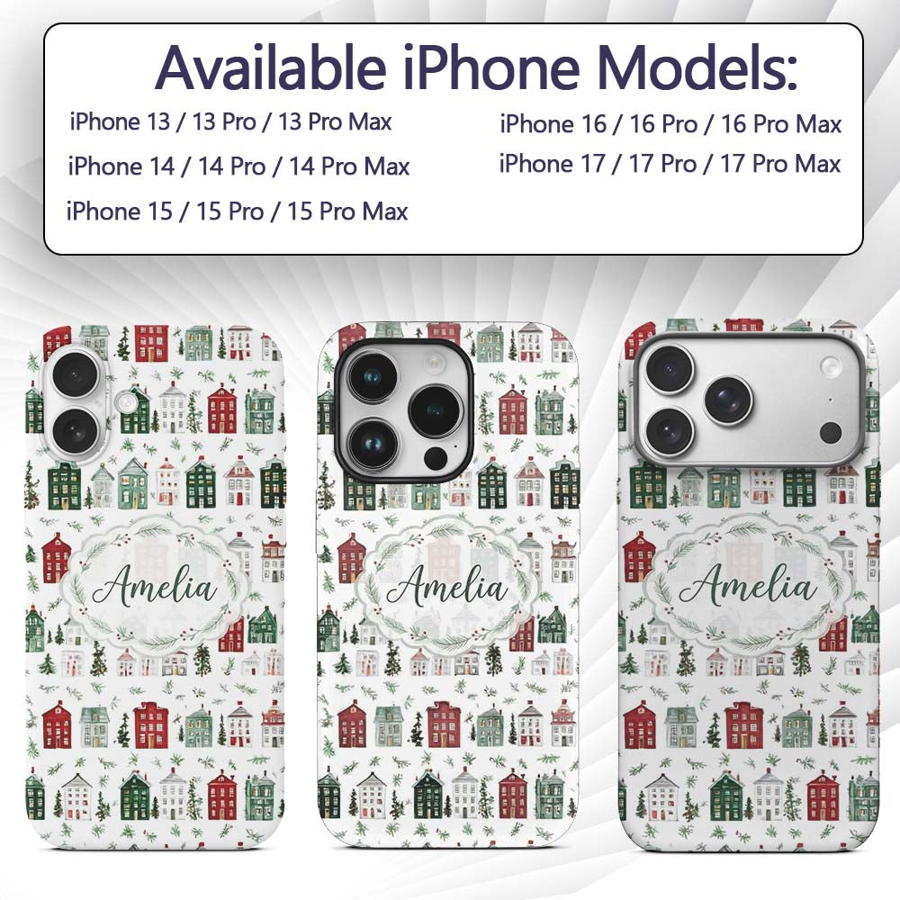 Watercolor Christmas Holly Berry Wreath Pattern Custom Name Protective Phone Case Mobile Cover Durable Everyday Smartphone Shock Resistant