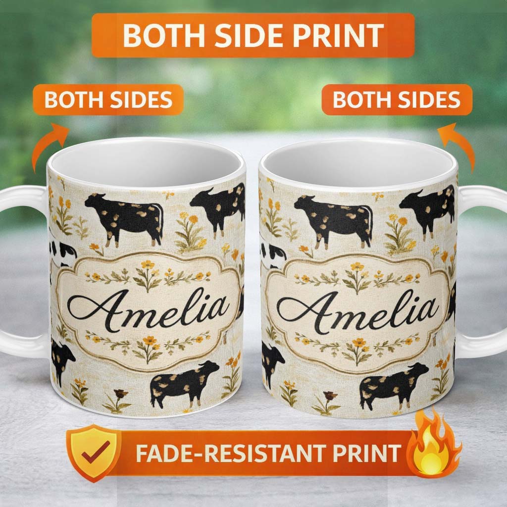 Personalized Custom Name Rustic Cow Silhouette with Floral Meadow Seamless Pattern Lovely 11oz Ceramic Coffee Tea Mug White Large Handle