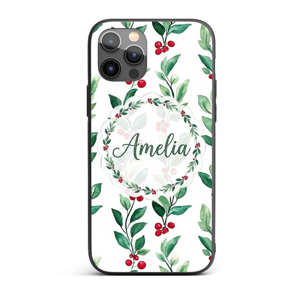 Watercolor Green Leaves and Red Berry Branches Custom Name Protective Phone Case Mobile Cover Durable Everyday Smartphone Shock Resistant