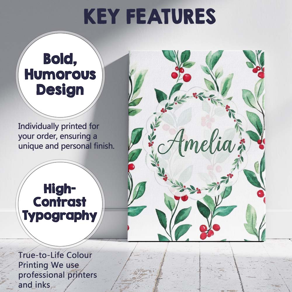 Personalised Name Watercolor Green Leaves Custom Unique Gift Idea Elegant Feature Canvas Wall Art Print Decor Picture Ready to Hang