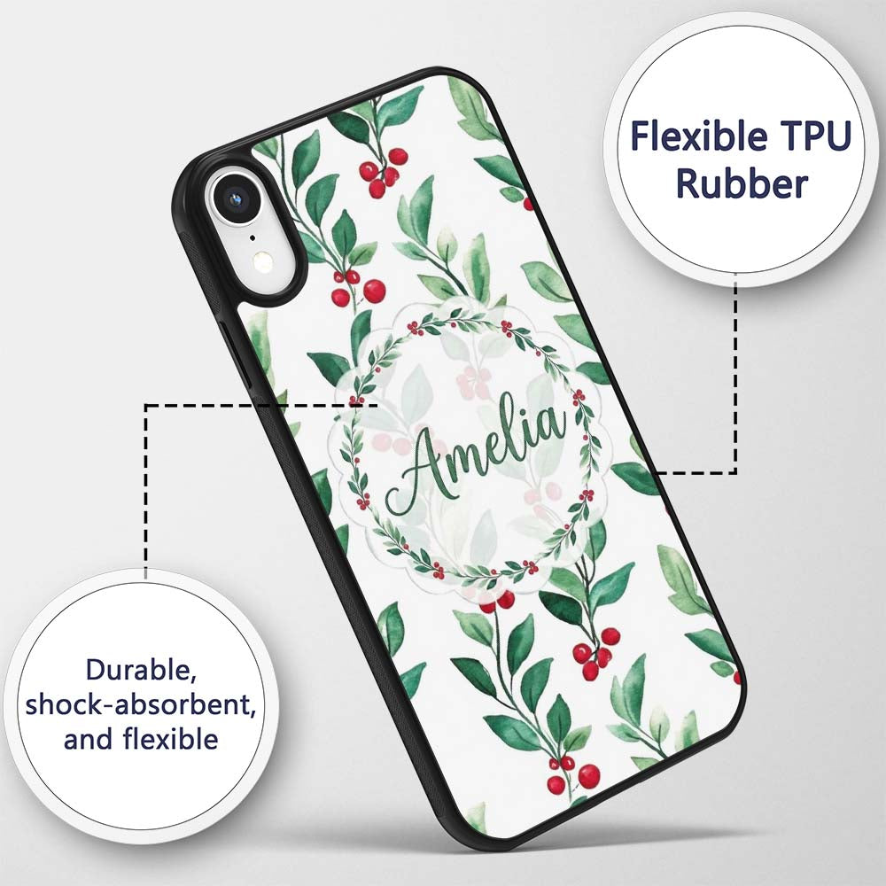 Watercolor Green Leaves and Red Berry Branches Custom Name Protective Phone Case Mobile Cover Durable Everyday Smartphone Shock Resistant