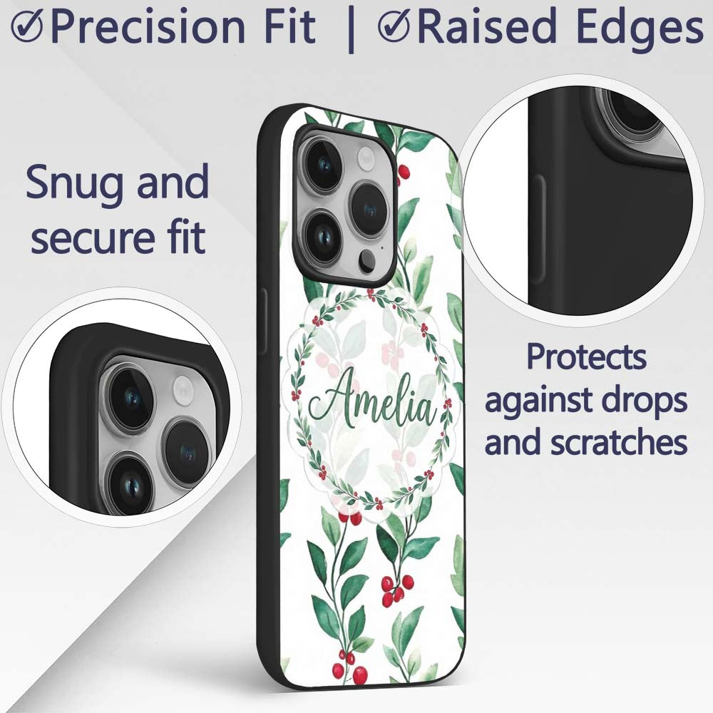 Watercolor Green Leaves and Red Berry Branches Custom Name Protective Phone Case Mobile Cover Durable Everyday Smartphone Shock Resistant