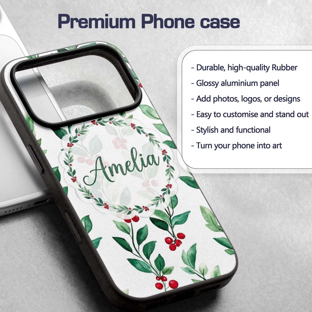 Watercolor Green Leaves and Red Berry Branches Custom Name Protective Phone Case Mobile Cover Durable Everyday Smartphone Shock Resistant