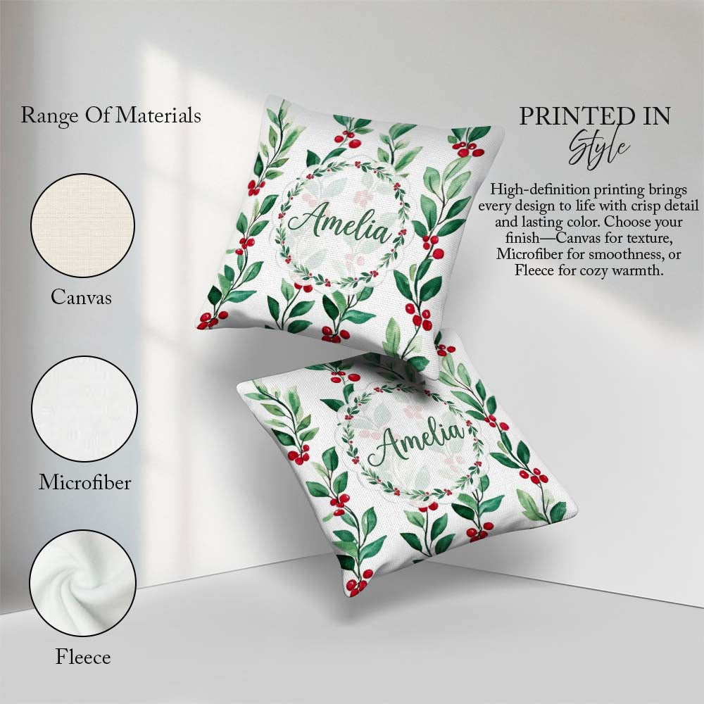 Custom Name Green Leaves and Red Berry Branches Pattern Elegant Square Filled Cushion Throw Pillow Sofa Bed Home Decor Zip Washable UK Made