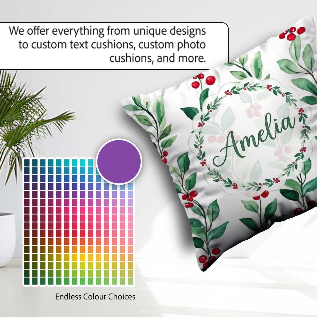 Custom Name Green Leaves and Red Berry Branches Pattern Elegant Square Filled Cushion Throw Pillow Sofa Bed Home Decor Zip Washable UK Made