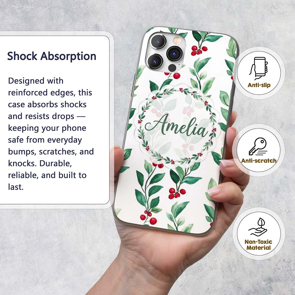 Watercolor Green Leaves and Red Berry Branches Custom Name Protective Phone Case Mobile Cover Durable Everyday Smartphone Shock Resistant