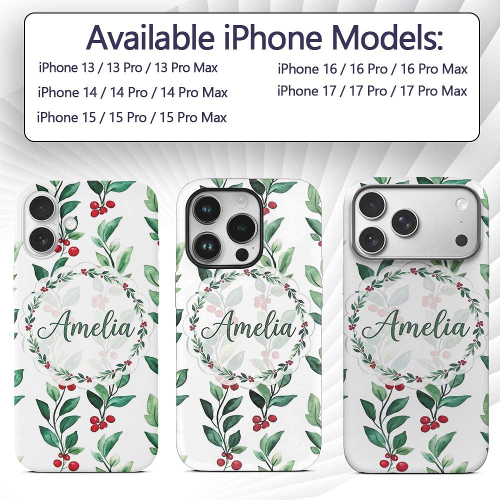 Watercolor Green Leaves and Red Berry Branches Custom Name Protective Phone Case Mobile Cover Durable Everyday Smartphone Shock Resistant