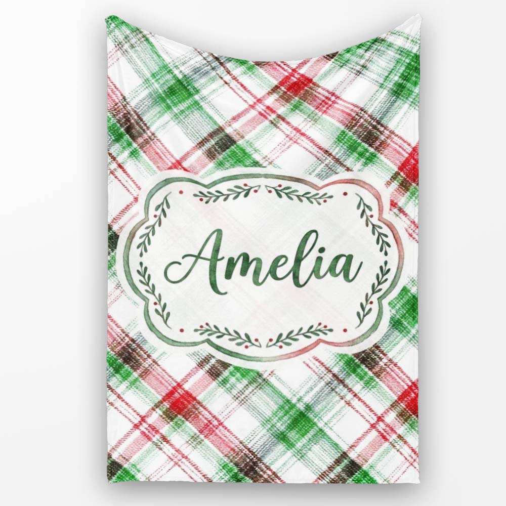 Classic Red Green Watercolor Plaid Tartan Pattern Festive Textile Personalised Custom Name Super Soft Fleece Blanket Bed Sofa Throw
