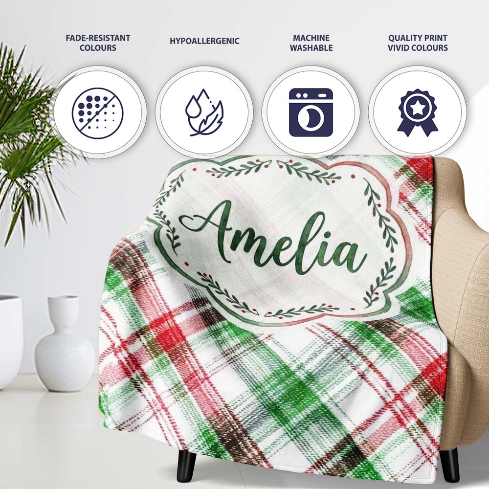 Classic Red Green Watercolor Plaid Tartan Pattern Festive Textile Personalised Custom Name Super Soft Fleece Blanket Bed Sofa Throw