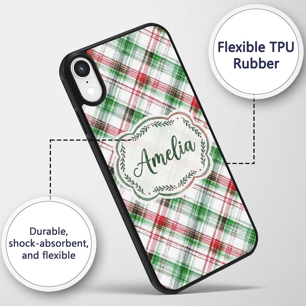 Classic Red Green Watercolor Plaid Tartan Pattern Custom Name Protective Phone Case Mobile Cover Durable Everyday Smartphone Shock Resistant