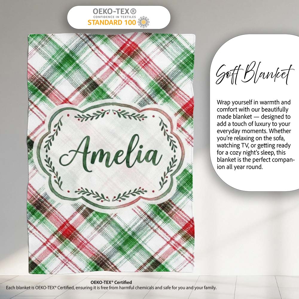 Classic Red Green Watercolor Plaid Tartan Pattern Festive Textile Personalised Custom Name Super Soft Fleece Blanket Bed Sofa Throw