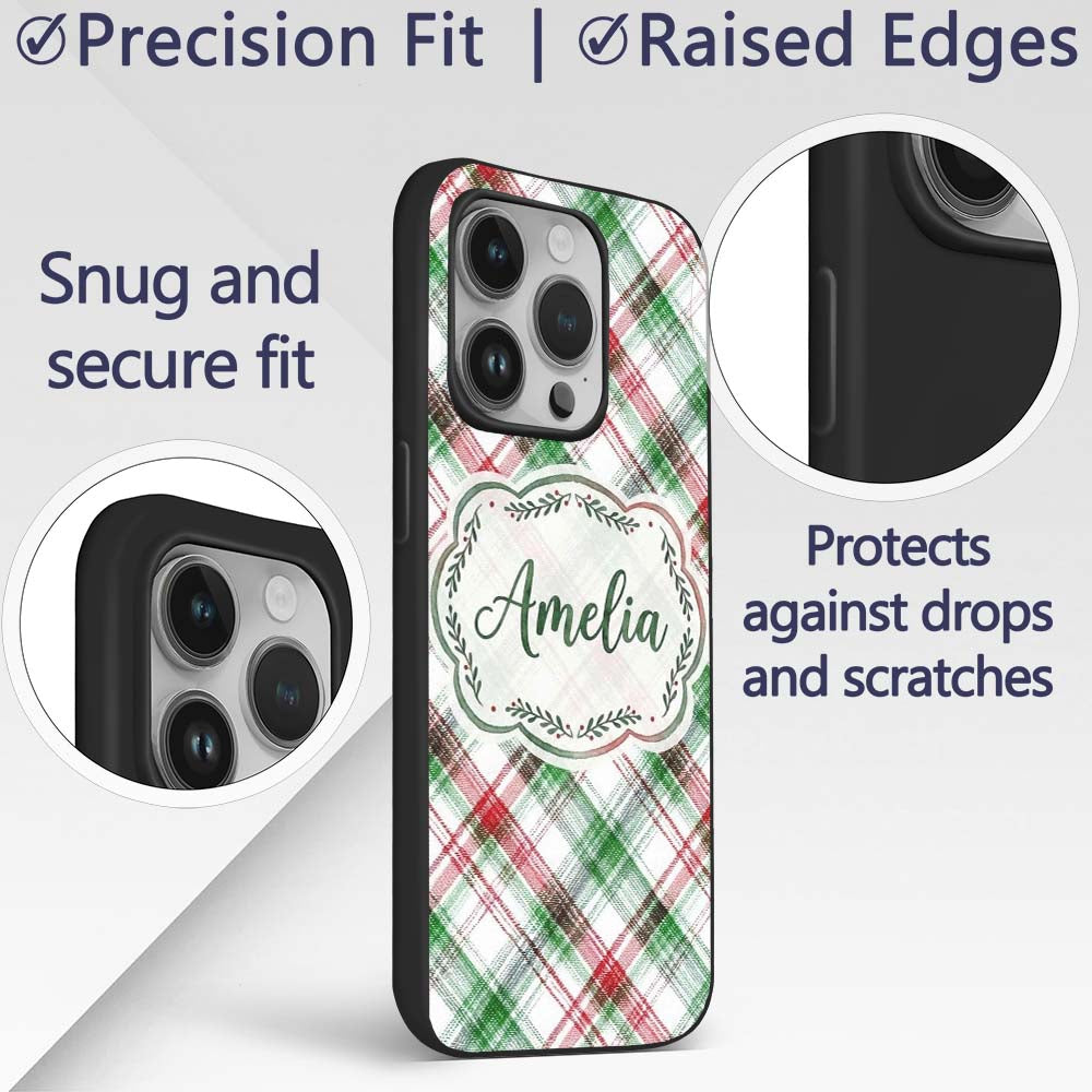Classic Red Green Watercolor Plaid Tartan Pattern Custom Name Protective Phone Case Mobile Cover Durable Everyday Smartphone Shock Resistant