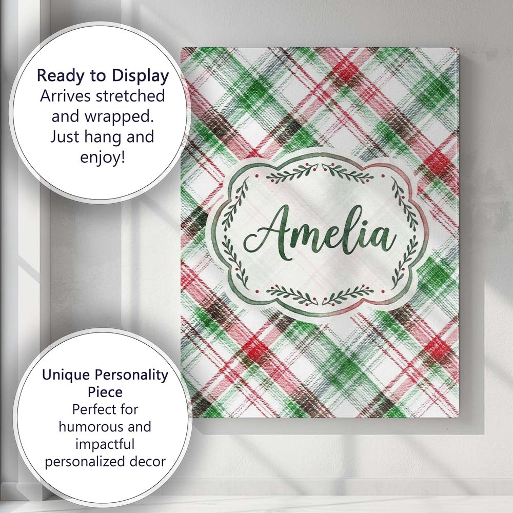 Personalised Name Classic Red Green Watercolor Plaid Tartan Unique Gift Idea Custom Made Canvas Wall Art Print Decor Picture Ready to Hang