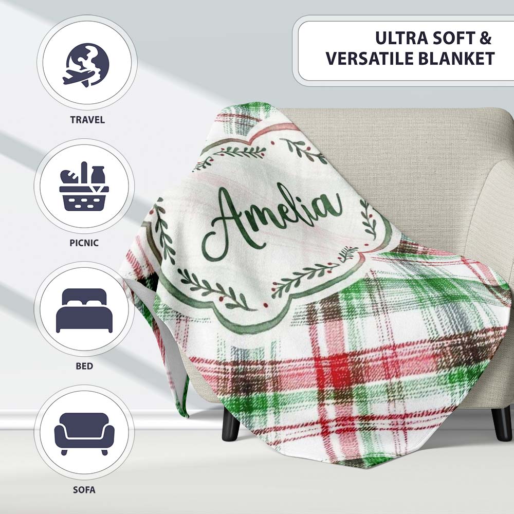 Classic Red Green Watercolor Plaid Tartan Pattern Festive Textile Personalised Custom Name Super Soft Fleece Blanket Bed Sofa Throw