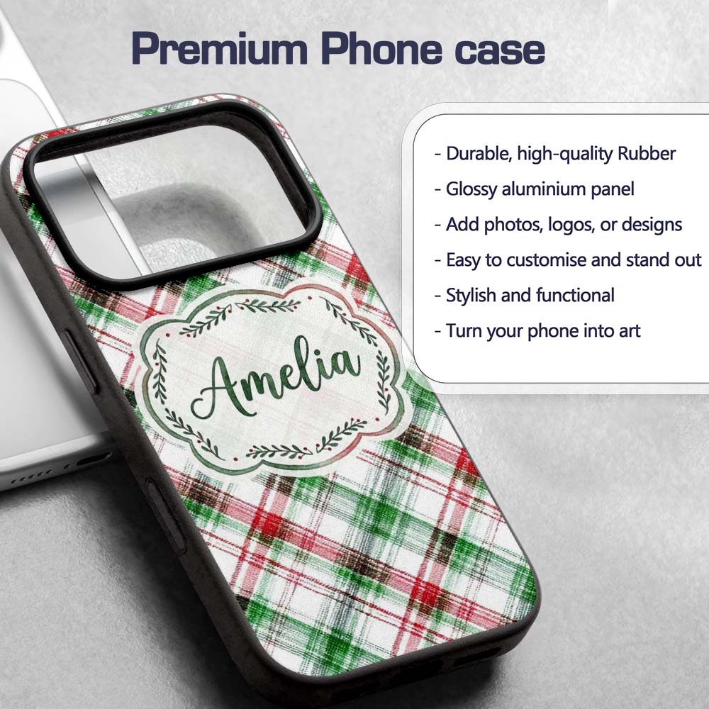Classic Red Green Watercolor Plaid Tartan Pattern Custom Name Protective Phone Case Mobile Cover Durable Everyday Smartphone Shock Resistant