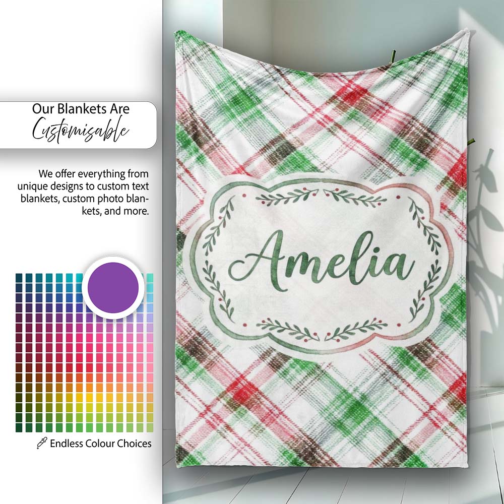 Classic Red Green Watercolor Plaid Tartan Pattern Festive Textile Personalised Custom Name Super Soft Fleece Blanket Bed Sofa Throw