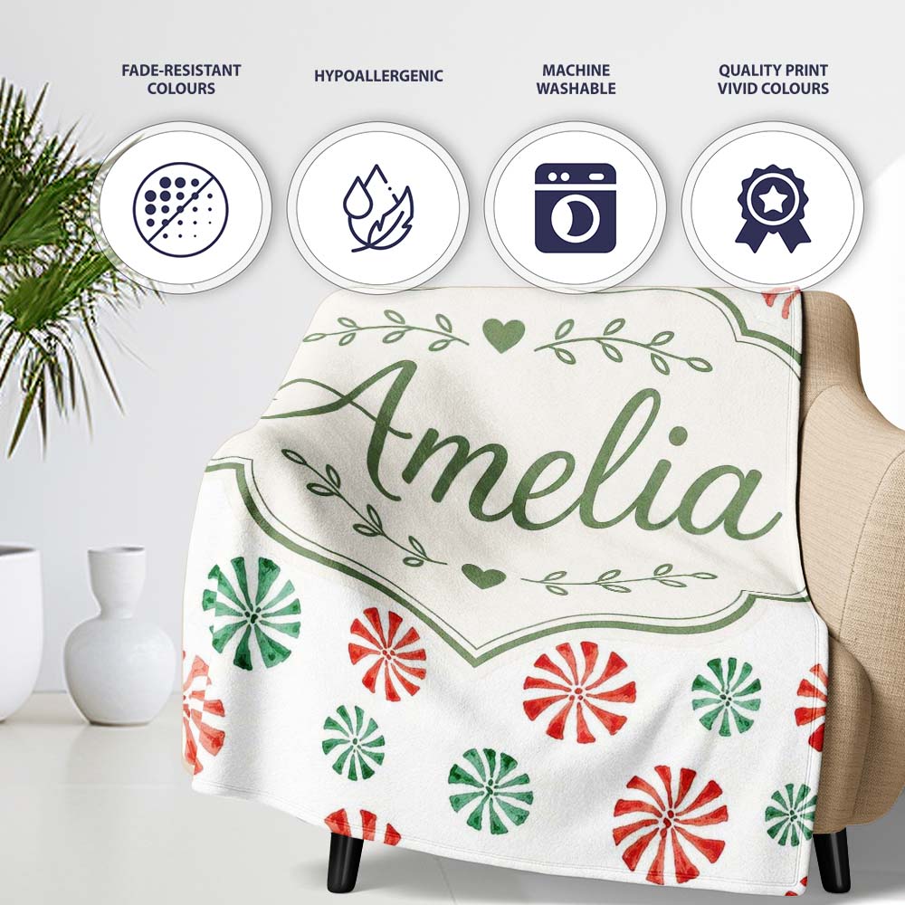 Festive Candy Swirl Red and Green Peppermint Seamless Pattern Lovely Personalised Custom Name Super Soft Fleece Blanket Bed Sofa Throw