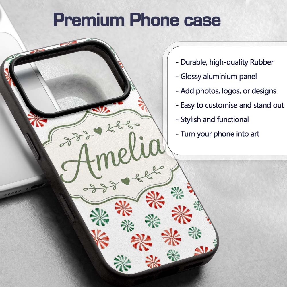 Festive Candy Swirl Red and Green Peppermint Custom Name Protective Phone Case Mobile Cover Durable Everyday Smartphone Shock Resistant