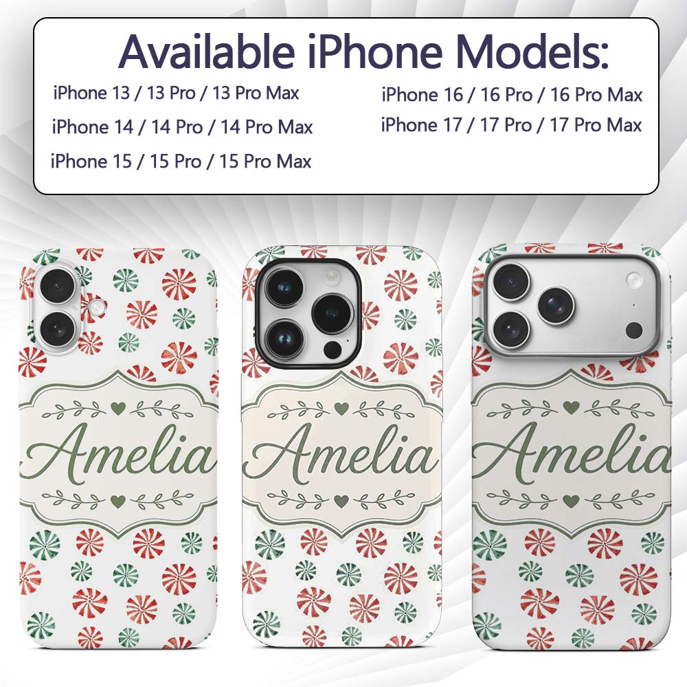 Festive Candy Swirl Red and Green Peppermint Custom Name Protective Phone Case Mobile Cover Durable Everyday Smartphone Shock Resistant