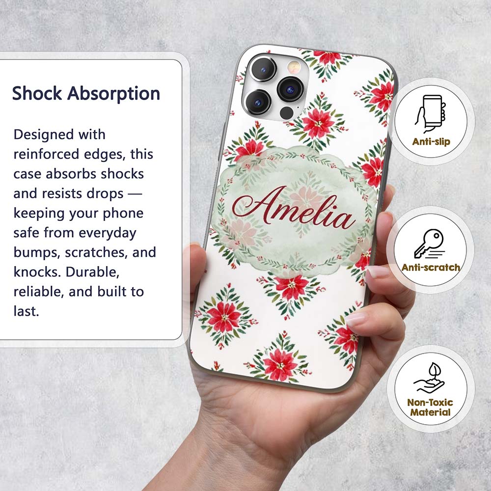 Watercolor Poinsettia Floral Christmas Seamless Custom Name Protective Phone Case Mobile Cover Durable Everyday Smartphone Shock Resistant