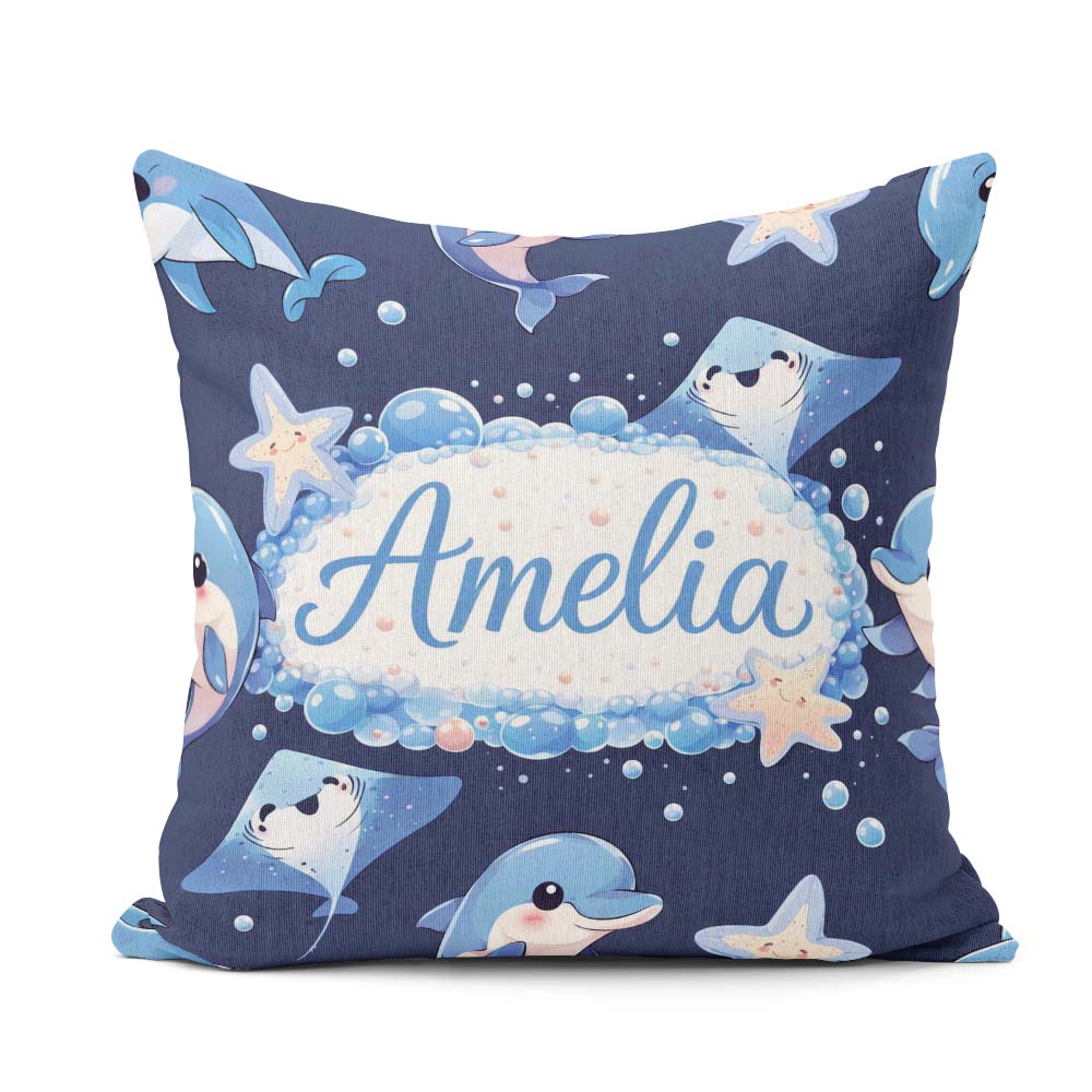 Custom Name Cute Dolphin Stingray Starfish Cartoon Sea Life Navy Square Filled Cushion Throw Pillow Sofa Bed Home Decor Zip Washable UK Made