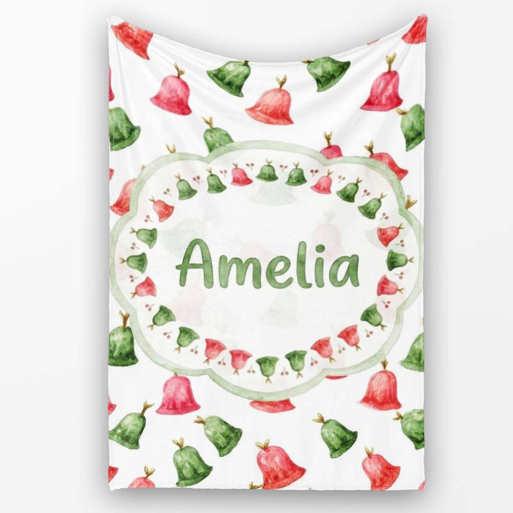 Cute Red and Green Christmas Bells Watercolor Pattern Festive Lovely Personalised Custom Name Super Soft Fleece Blanket Bed Sofa Throw
