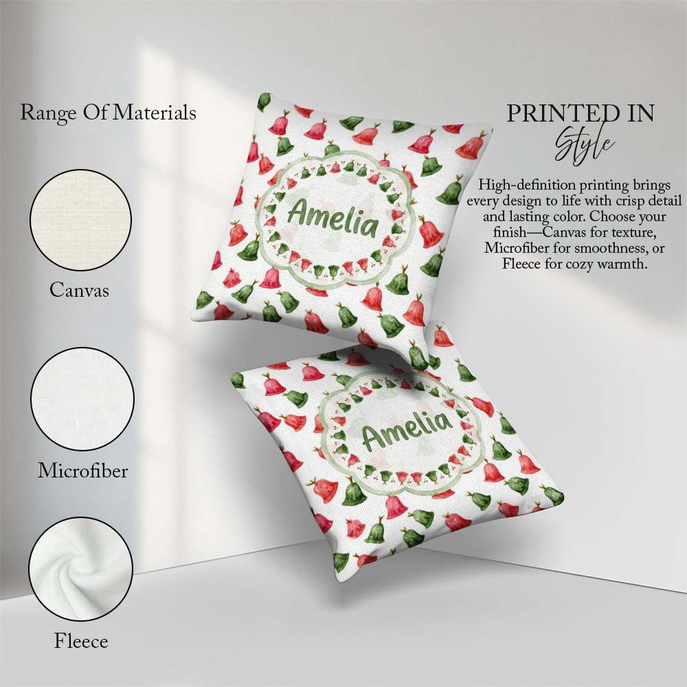 Custom Name Cute Red and Green Bells Watercolor Pattern Festive Square Filled Cushion Throw Pillow Sofa Bed Home Decor Zip Washable UK Made