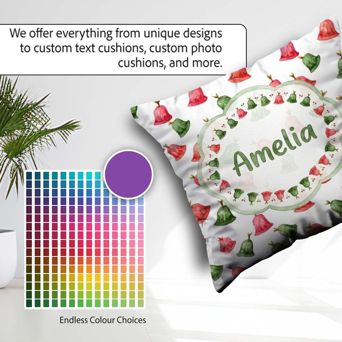 Custom Name Cute Red and Green Bells Watercolor Pattern Festive Square Filled Cushion Throw Pillow Sofa Bed Home Decor Zip Washable UK Made