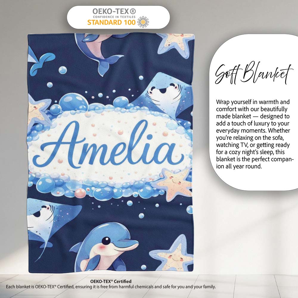 Cute Dolphin Stingray Starfish Cartoon Sea Life Pattern Navy Lovely Personalised Custom Name Super Soft Fleece Blanket Bed Sofa Throw