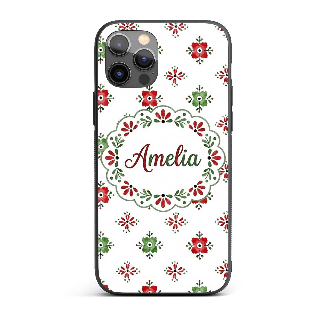 Cute Scandinavian Style Red and Green Floral Custom Name Protective Phone Case Mobile Cover Durable Everyday Smartphone Shock Resistant