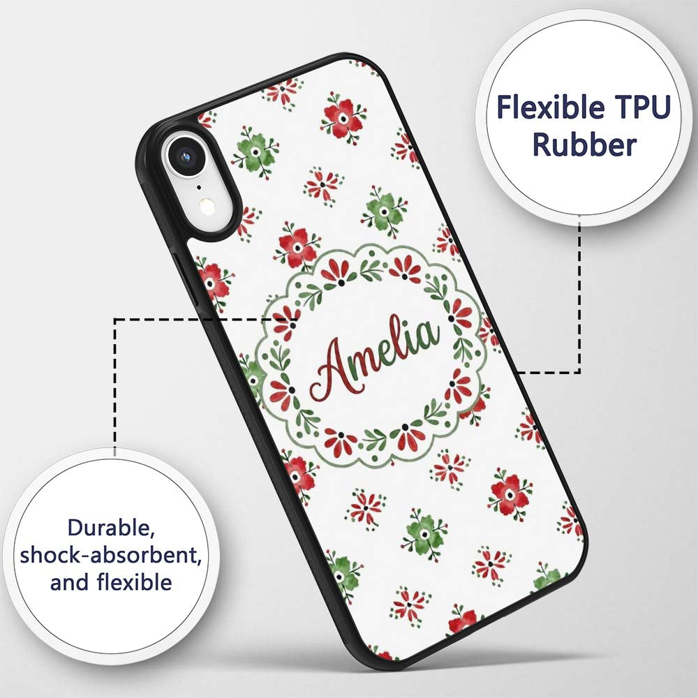 Cute Scandinavian Style Red and Green Floral Custom Name Protective Phone Case Mobile Cover Durable Everyday Smartphone Shock Resistant