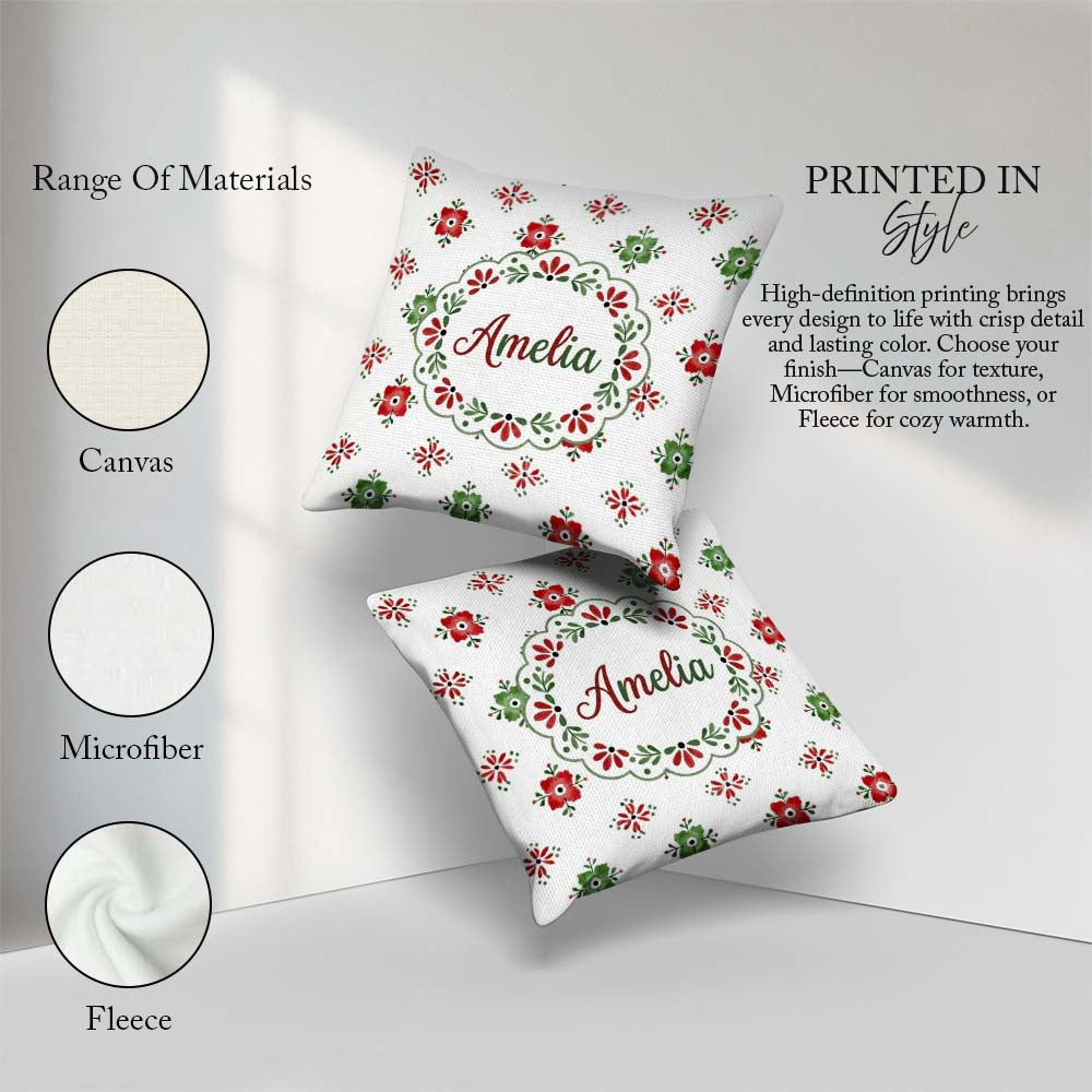 Custom Name Scandinavian Style Red and Green Floral Pattern Folk Square Filled Cushion Throw Pillow Sofa Bed Home Decor Zip Washable UK Made
