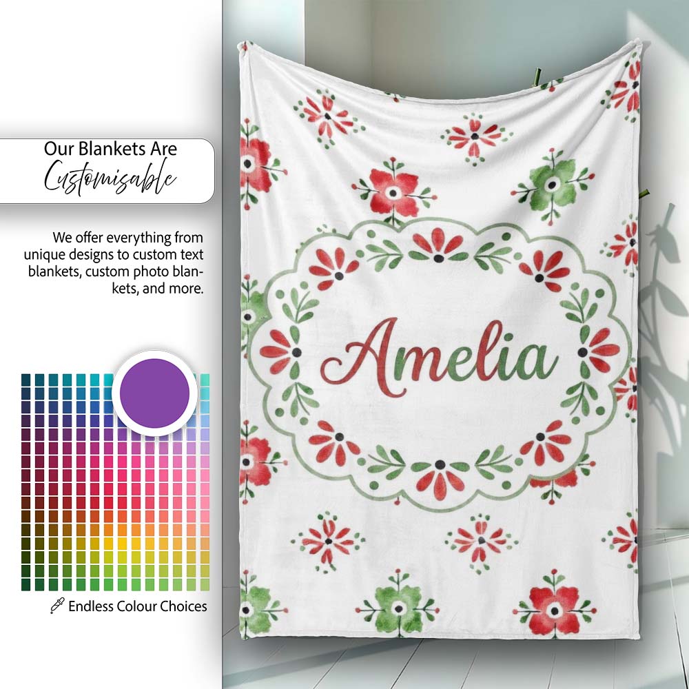 Cute Scandinavian Style Red and Green Floral Pattern Christmas Folk Personalised Custom Name Super Soft Fleece Blanket Bed Sofa Throw