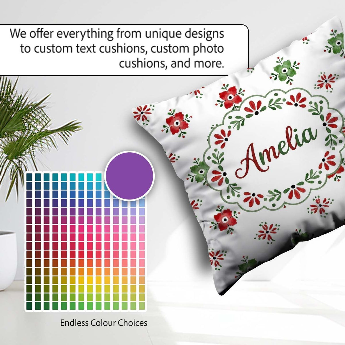 Custom Name Scandinavian Style Red and Green Floral Pattern Folk Square Filled Cushion Throw Pillow Sofa Bed Home Decor Zip Washable UK Made
