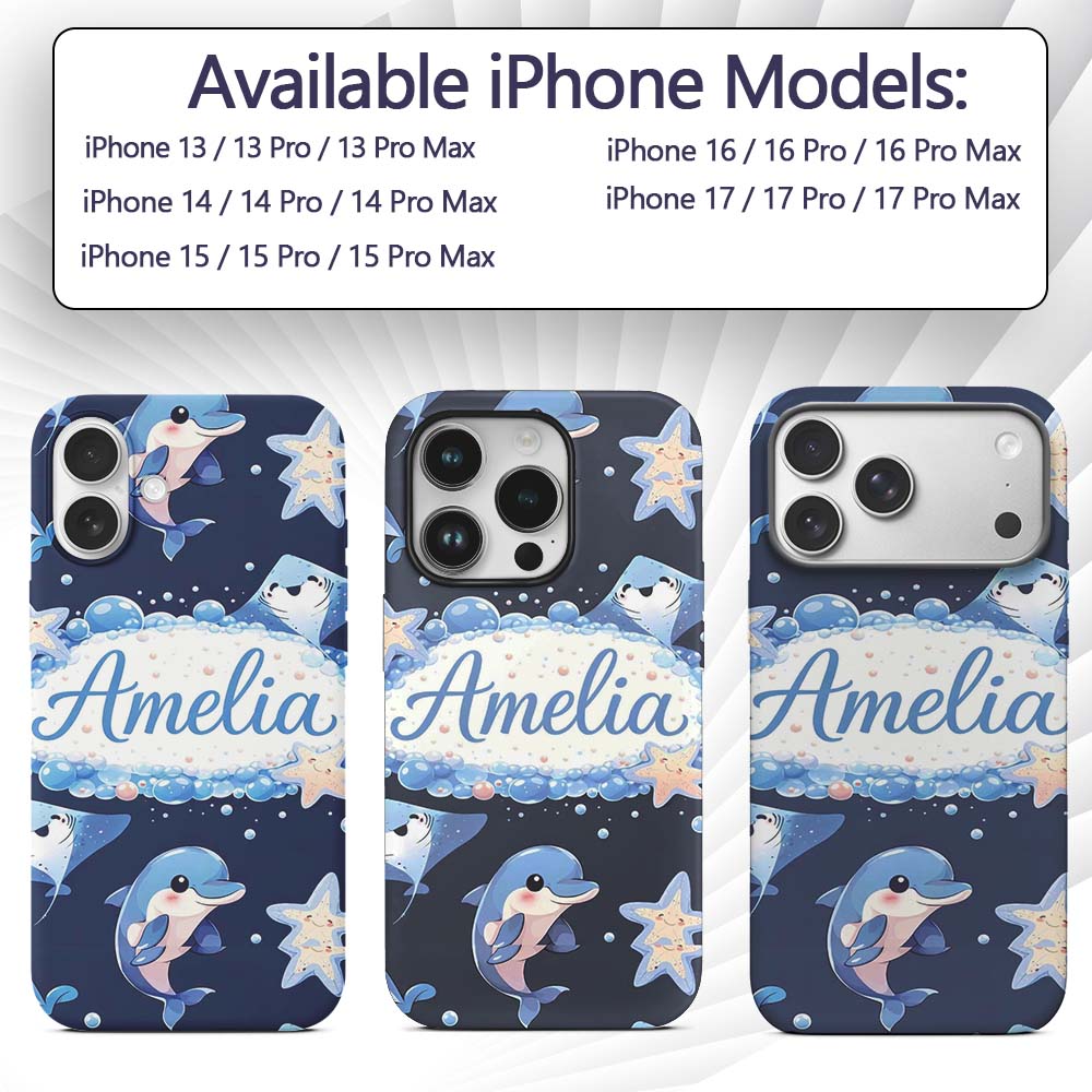 Cute Dolphin Stingray Starfish Cartoon Sea Life Custom Name Protective Phone Case Mobile Cover Durable Everyday Smartphone Shock Resistant