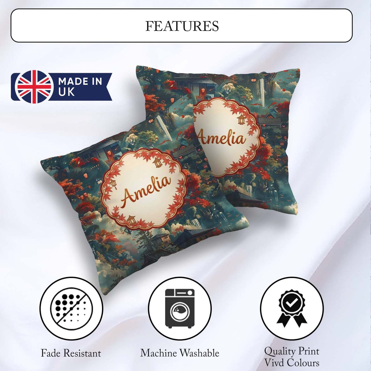 Custom Name Japanese Autumn Village Landscape with Moon Lanterns Square Filled Cushion Throw Pillow Sofa Bed Home Decor Zip Washable UK Made